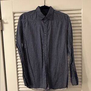 Men's Long-Sleeve Navy Patterned Button-Up Shirt